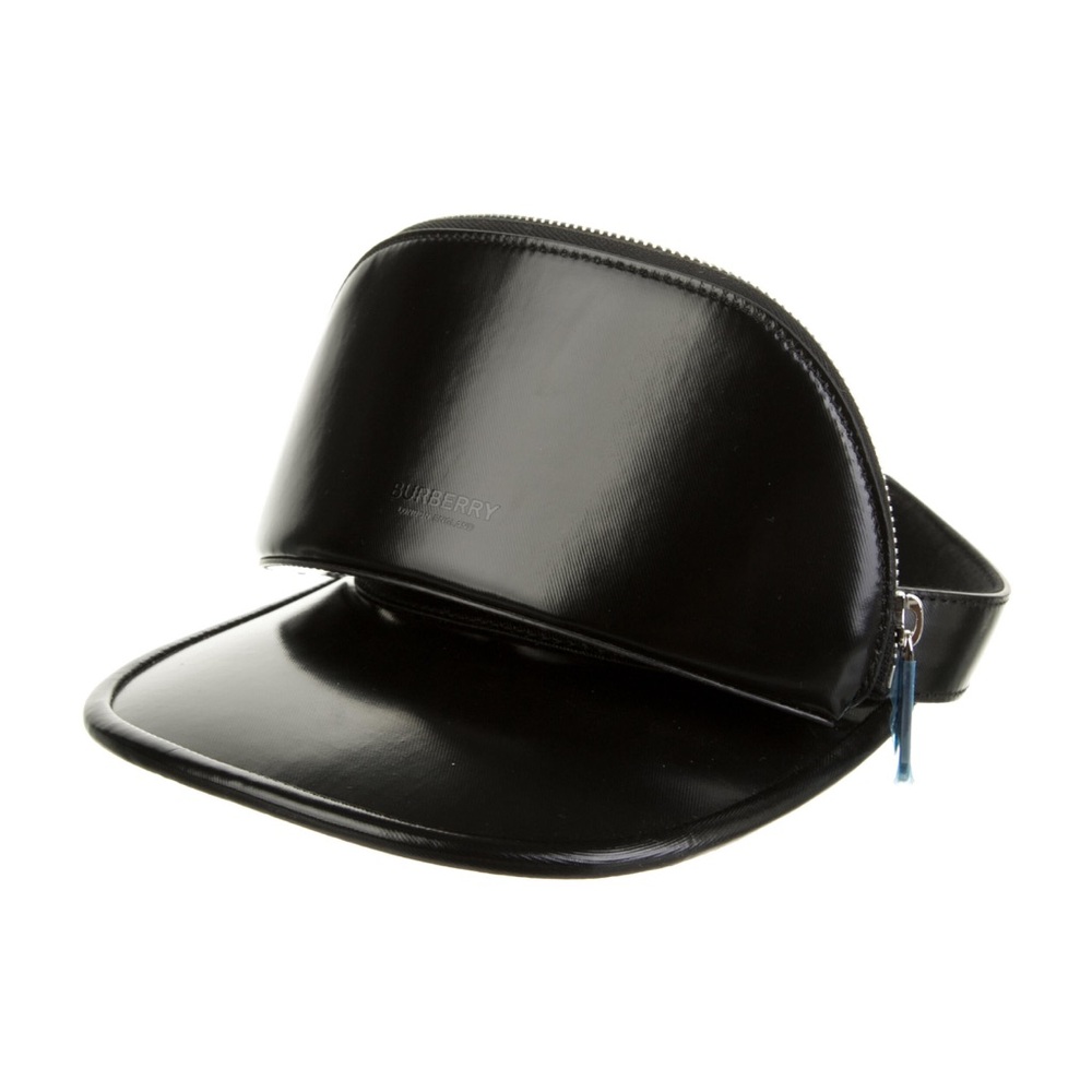 NWT Burberry black leather zip pocket visor sz M fanny pack removable pouch